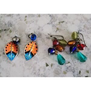 Colorful‎ Beaded Dangle Earrings Lot of 2 Funky Statement Earrings